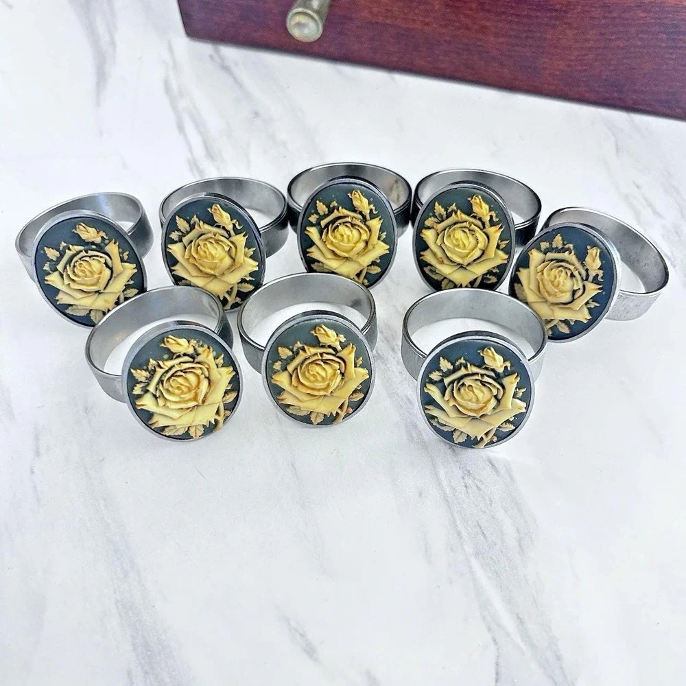 Vintage‎ Ivory Rose on Blue Background Stainless Steel Napkin Rings Lot of 8 AAA